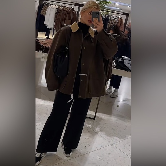 ZARA Oversized Contrast Collar Corduroy Barn Jacket Utility Coat. - Picture 10 of 13